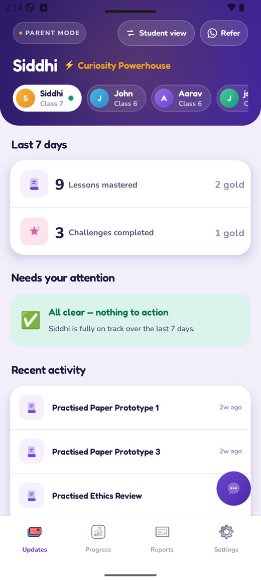 Dhee app — PIN-locked parent zone showing lessons mastered and recent activity