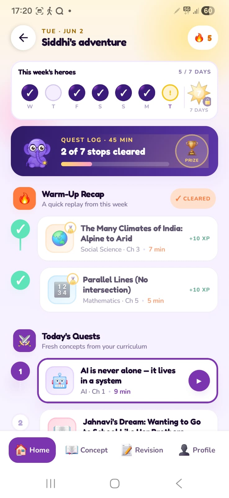 Dhee app — a child's daily adventure plan with quests, streaks and curriculum lessons