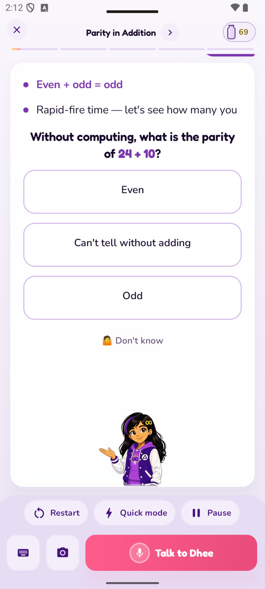 Dhee app — a checkpoint question asking for the parity of 24 + 10 without computing
