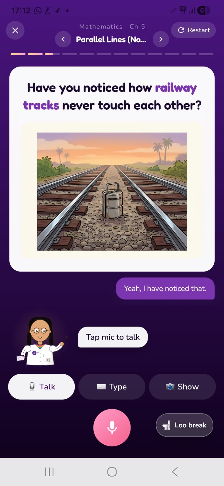 Dhee app — a Buddy teaching parallel lines with a real-world railway example