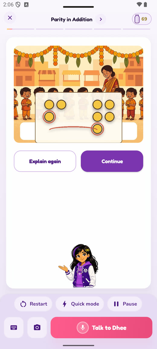 Dhee app — a live lesson teaching parity in addition with a festival story on the whiteboard