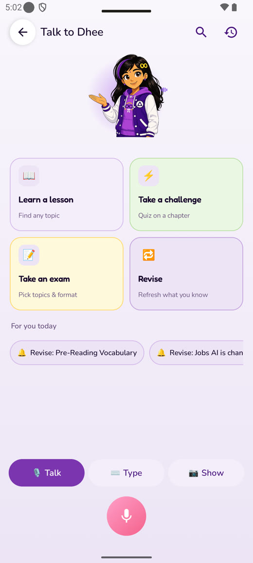 Dhee app — Talk to Dhee screen with learn, challenge, exam and revise options