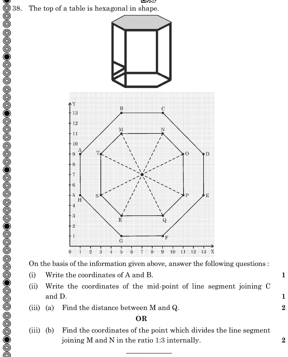 The top of a table is hexagonal in shape. [Figure: the table top drawn on a coordinate grid with outer vertices A–H and  Figure: Picture of a table with a polygonal top, and a grid graph (x and y from 0 to 13). Outer polygon vertices: A(1, 9), B(5, 13), C(9, 13), D(13, 9), E(13, 5), F(9, 1), G(5, 1), H(1, 5). Inner polygon vertices: M(5, 11), N(9, 11), O(11, 9), P(11, 5), Q(9, 3), R(5, 3), S(3, 5), T(3, 9); dashed lines MQ, NR, TP, SO cross at the centre (7, 7). (The text says hexagonal, but the drawn figures are octagons.)
