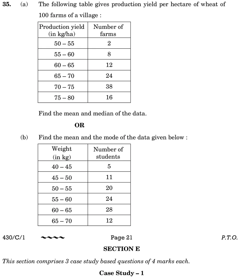 Find the mean and the mode of the data given below :
Weight (in kg): 40–45, 45–50, 50–55, 55–60, 60–65, 65–70
Number of  Figure: Table: weight 40–45: 5 students; 45–50: 11; 50–55: 20; 55–60: 24; 60–65: 28; 65–70: 12 (total 100).