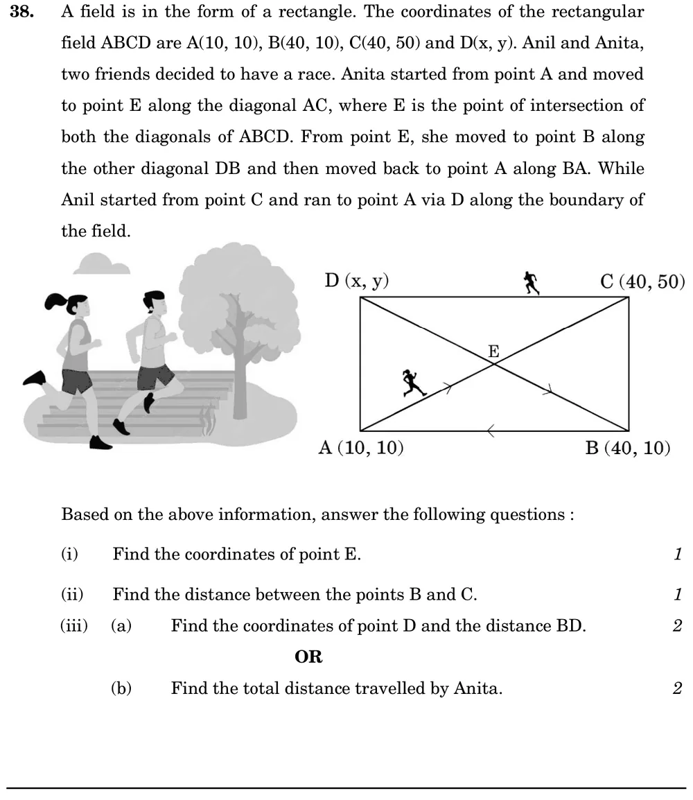 A field is in the form of a rectangle. The coordinates of the rectangular field ABCD are A(10, 10), B(40, 10), C(40, 50) Figure: Rectangle ABCD with A(10, 10) bottom-left, B(40, 10) bottom-right, C(40, 50) top-right, D(x, y) top-left; diagonals AC and BD meet at E; arrows show Anita A→E→B→A and Anil C→D→A.