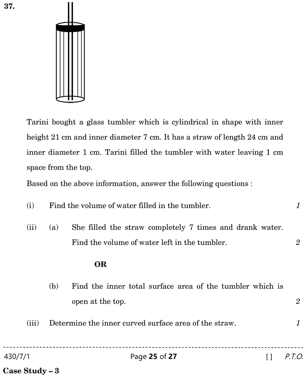 Tarini bought a glass tumbler which is cylindrical in shape with inner height 21 cm and inner diameter 7 cm. It has a st Figure: Sketch of a tall cylindrical glass tumbler with a thin straw standing inside it and sticking out above the rim.