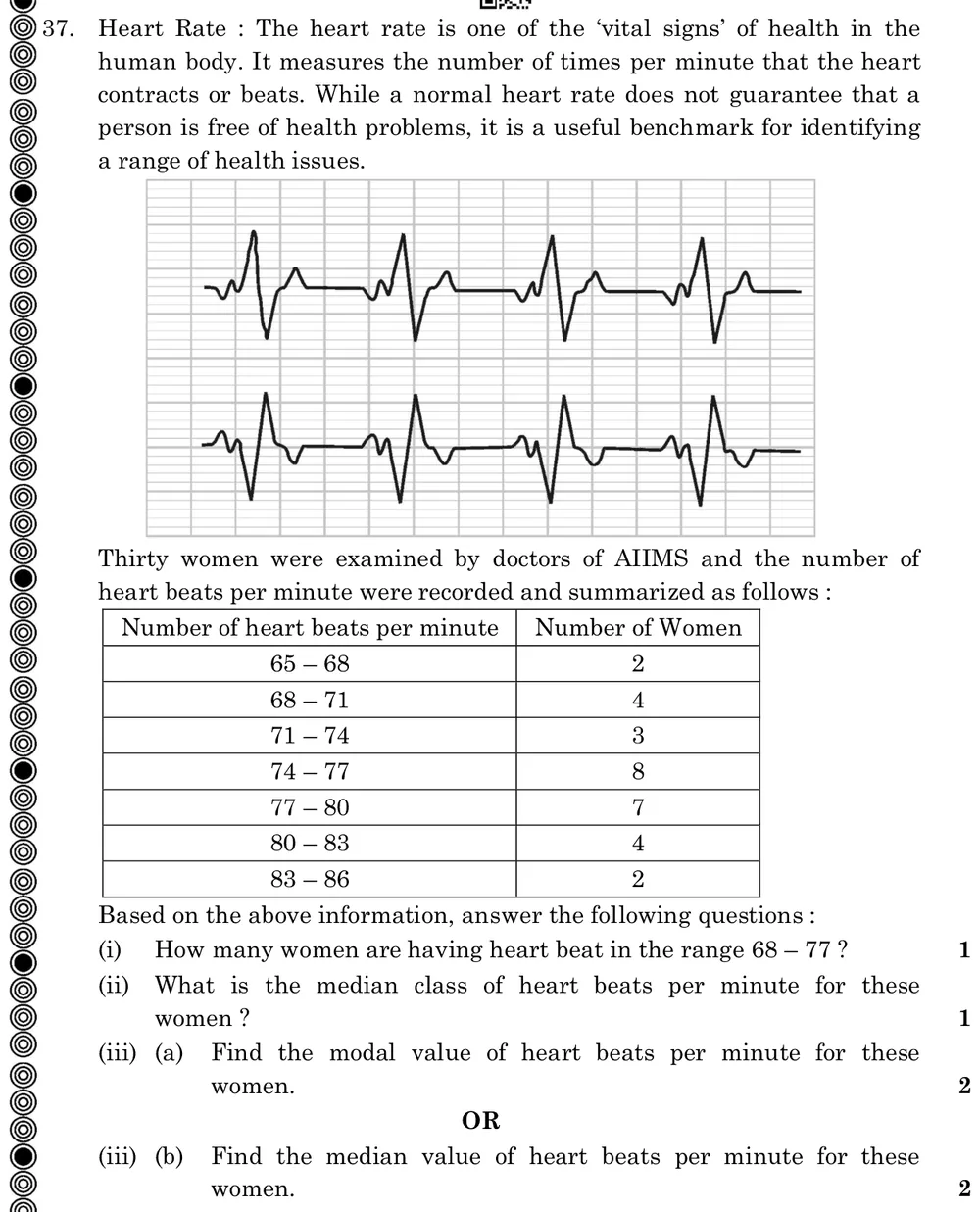 Heart Rate: The heart rate is one of the 'vital signs' of health in the human body. It measures the number of times per  Figure: Table: 65–68: 2 women; 68–71: 4; 71–74: 3; 74–77: 8; 77–80: 7; 80–83: 4; 83–86: 2 (total 30).