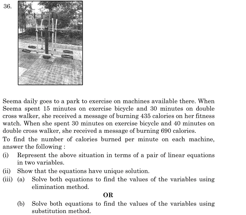 Seema daily goes to a park to exercise on machines available there. When Seema spent 15 minutes on exercise bicycle and  Figure: Photo of an outdoor double cross walker exercise machine in a park (decorative; no data).