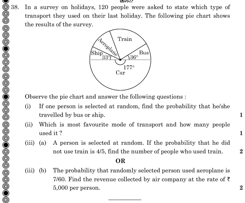 In a survey on holidays, 120 people were asked to state which type of transport they used on their last holiday. The fol Figure: Pie chart of 120 people by holiday transport: Car 177°, Bus 36°, Ship 33°; the remaining 114° is split between Train and Aeroplane (sector angles not printed for these two).