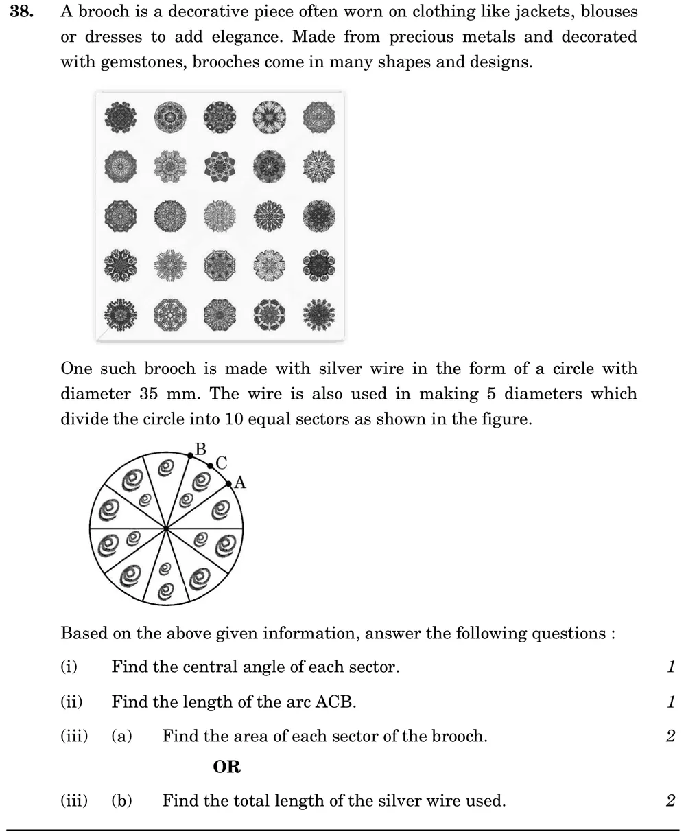 Case Study 2: A brooch is a decorative piece often worn on clothing like jackets, blouses or dresses to add elegance. Ma Figure: Photo of decorative brooches, then a circle divided by 5 diameters into 10 equal sectors; A, C, B are consecutive marked points on the rim bounding one sector's arc (arc ACB = one sector's arc, C its mid-point).