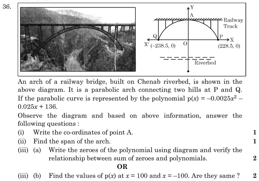 An arch of a railway bridge, built on Chenab riverbed, is shown in the diagram. It is a parabolic arch connecting two hi Figure: Photo of the arch bridge, and a diagram: parabolic arch opening downward with vertex A on the y-axis below the railway track; it meets the x-axis at Q(−238.5, 0) on the left and P(228.5, 0) on the right; O origin; riverbed below.