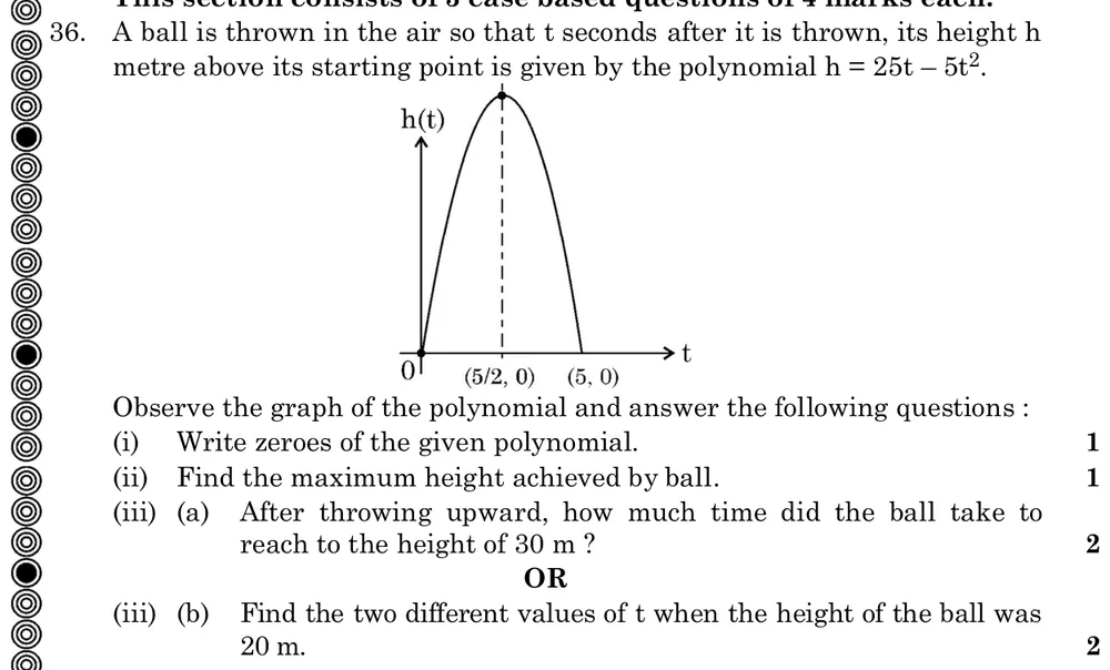 A ball is thrown in the air so that t seconds after it is thrown, its height h metre above its starting point is given b Figure: Graph of h(t) = 25t – 5t^2: a downward parabola starting at the origin (0, 0), rising to a maximum above t = 5/2 (dashed vertical line at (5/2, 0)) and returning to the t-axis at (5, 0).