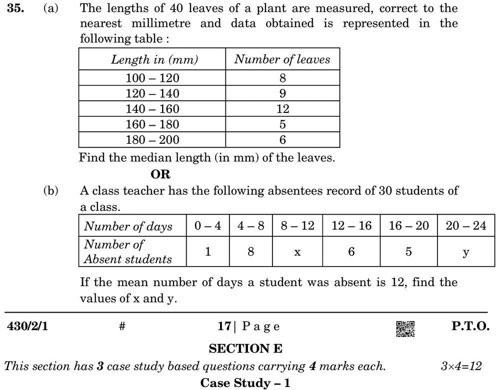 The lengths of 40 leaves of a plant are measured, correct to the nearest millimetre and data obtained is represented in  Figure: Table: 100−120: 8, 120−140: 9, 140−160: 12, 160−180: 5, 180−200: 6 leaves.