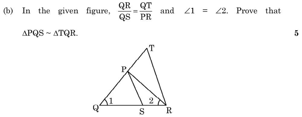In the given figure, QR/QS = QT/PR and ∠1 = ∠2. Prove that △PQS ~ △TQR. Figure: △TQR with P on side QT and S on side QR; PS and PR are joined. ∠2 = ∠PQR at Q; ∠1 = ∠PRQ at R.