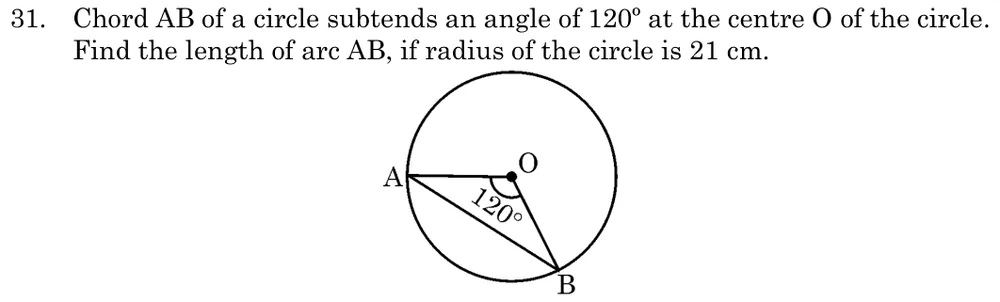 Chord AB of a circle subtends an angle of 120° at the centre O of the circle. Find the length of arc AB, if radius of th Figure: Circle with centre O; radii OA and OB with ∠AOB = 120°, and chord AB drawn.