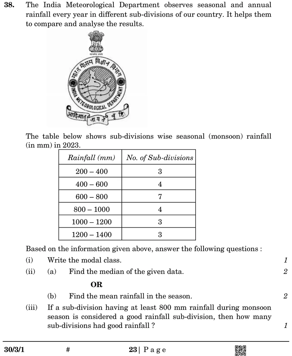 The India Meteorological Department observes seasonal and annual rainfall every year in different sub-divisions of our c Figure: Frequency table: rainfall 200–400: 3; 400–600: 4; 600–800: 7; 800–1000: 4; 1000–1200: 3; 1200–1400: 3 sub-divisions (photo of rainfall decorative).