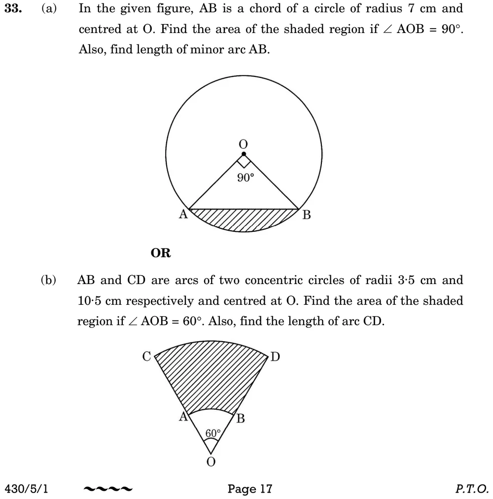 In the given figure, AB is a chord of a circle of radius 7 cm and centred at O. Find the area of the shaded region if ∠A Figure: Circle centre O radius 7 cm; radii OA and OB with ∠AOB = 90°; chord AB; the minor segment between chord AB and the minor arc is shaded.