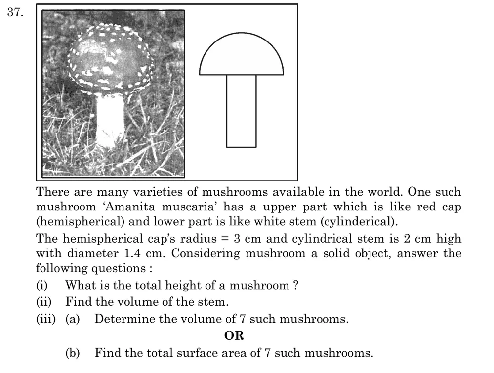 There are many varieties of mushrooms available in the world. One such mushroom ‘Amanita muscaria’ has a upper part whic Figure: Photo of a red-capped mushroom and a diagram: a hemisphere (cap, radius 3 cm) sitting flat side down on top of a thin cylinder (stem, height 2 cm, diameter 1.4 cm).