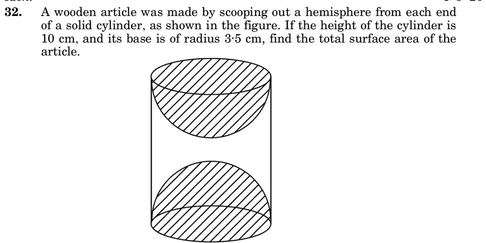 A wooden article was made by scooping out a hemisphere from each end of a solid cylinder, as shown in the figure. If the Figure: Solid cylinder (height 10 cm, radius 3.5 cm) with a hemispherical hollow scooped out of the top face and another out of the bottom face (shaded hollows).