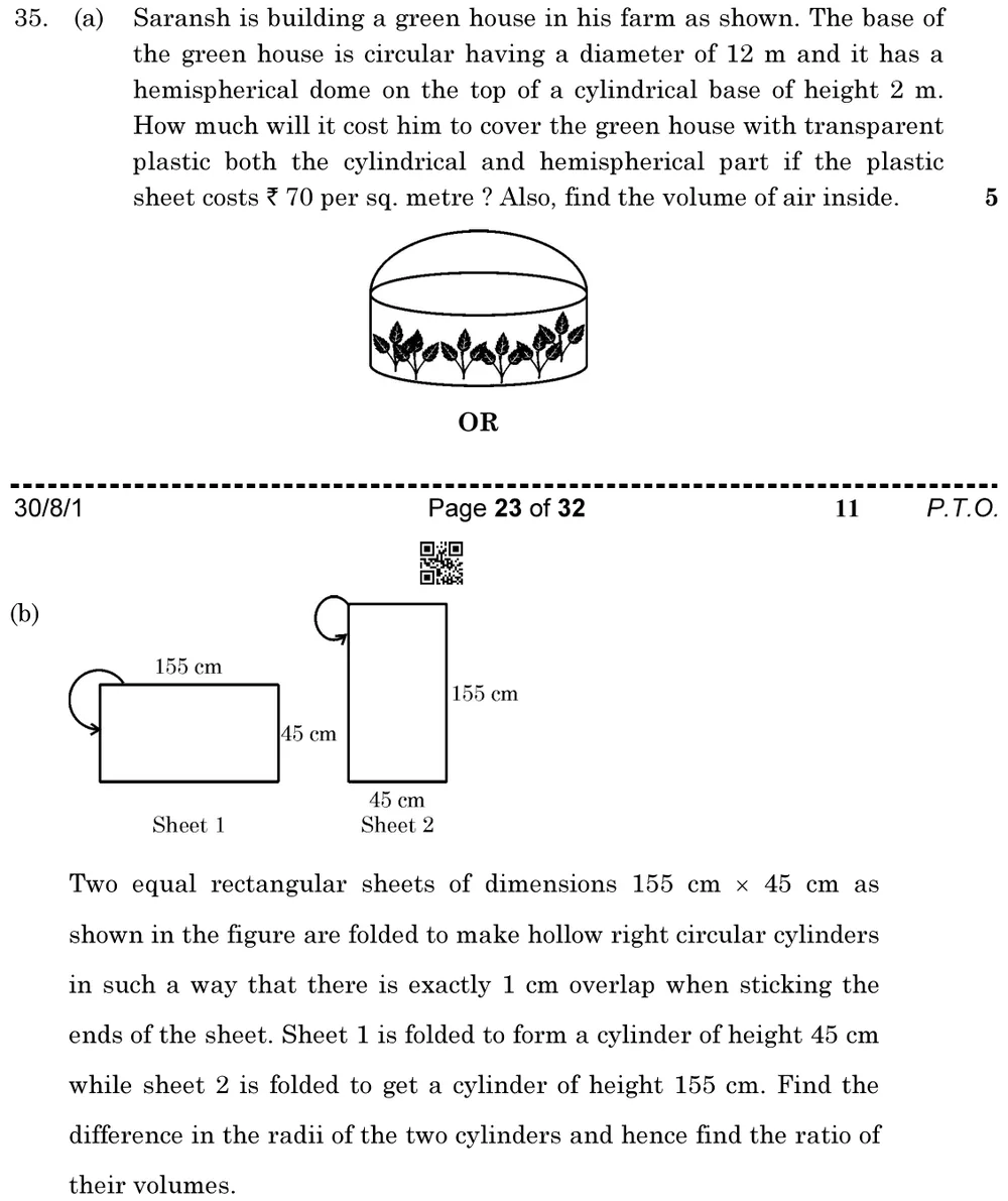 Saransh is building a green house in his farm as shown. The base of the green house is circular having a diameter of 12  Figure: Green house: cylinder (diameter 12 m, height 2 m) with a hemispherical dome on top; plants inside.