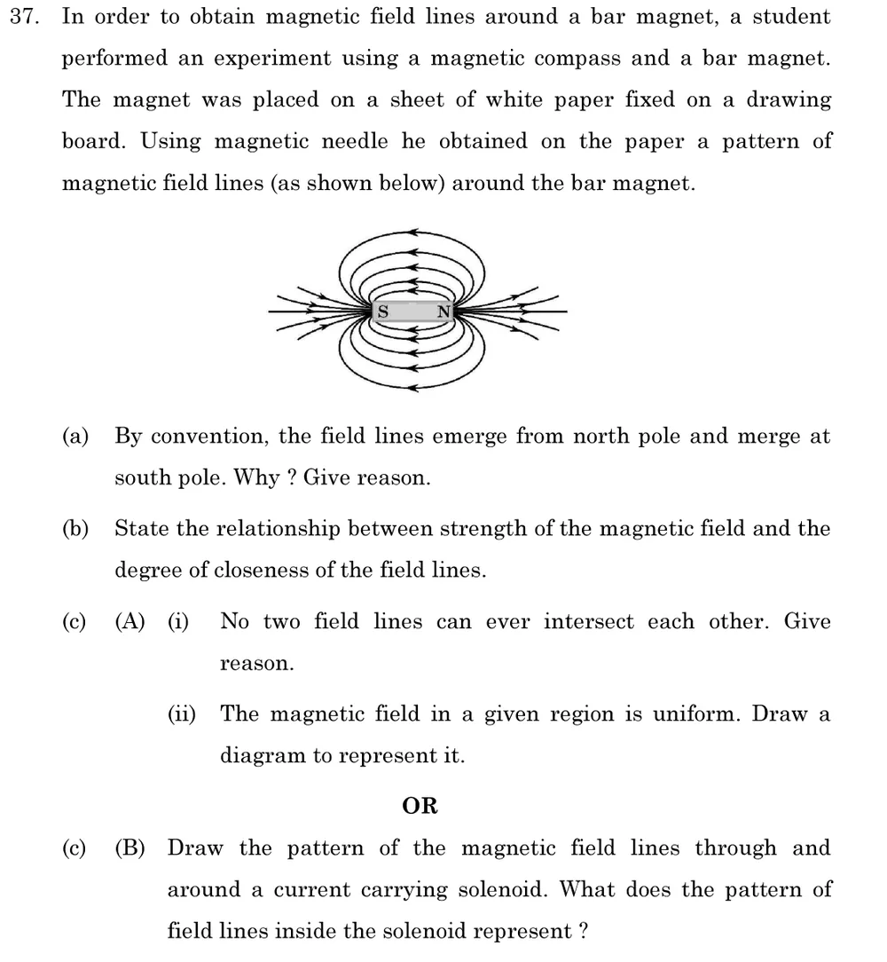 In order to obtain magnetic field lines around a bar magnet, a student performed an experiment using a magnetic compass  Figure: Field lines around a bar magnet (S on left, N on right): closed curves leaving N, curving round and entering S; lines crowded near the poles and spreading out away from the magnet.