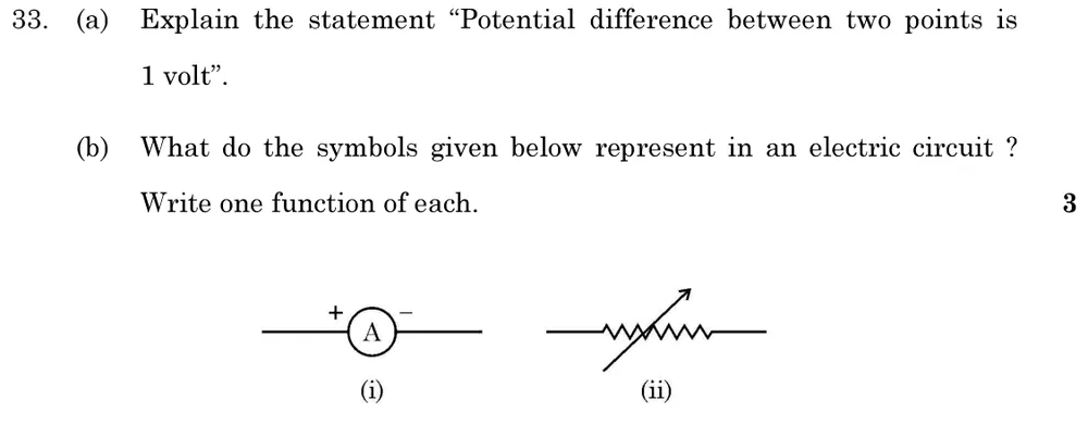 (a) Explain the statement "Potential difference between two points is 1 volt".
(b) What do the symbols given below repre Figure: (i) Circuit symbol: a circle with letter A, + on left and − on right (ammeter). (ii) Zig-zag resistor with a diagonal arrow across it (rheostat/variable resistor).