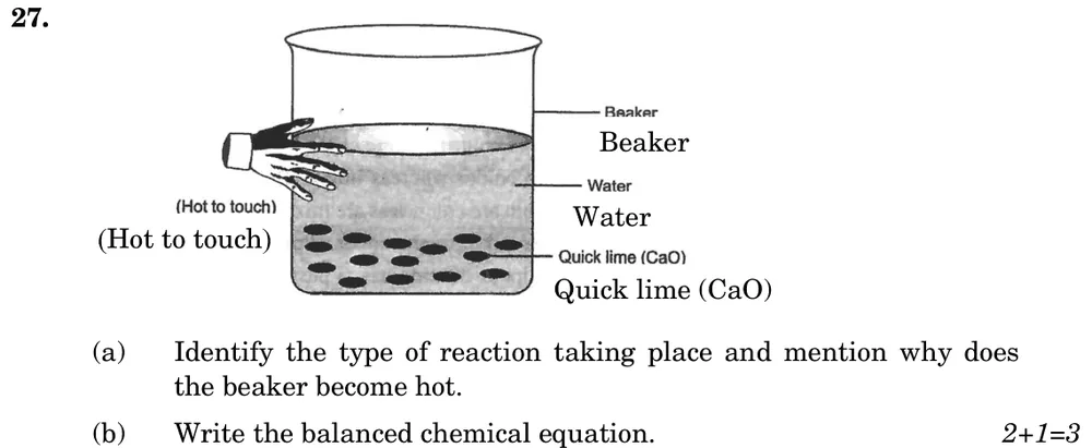 (a) Identify the type of reaction taking place and mention why does the beaker become hot.
(b) Write the balanced chemic Figure: A beaker containing water with lumps of quick lime (CaO) at the bottom; a hand touching the beaker, labelled 'Hot to touch'.