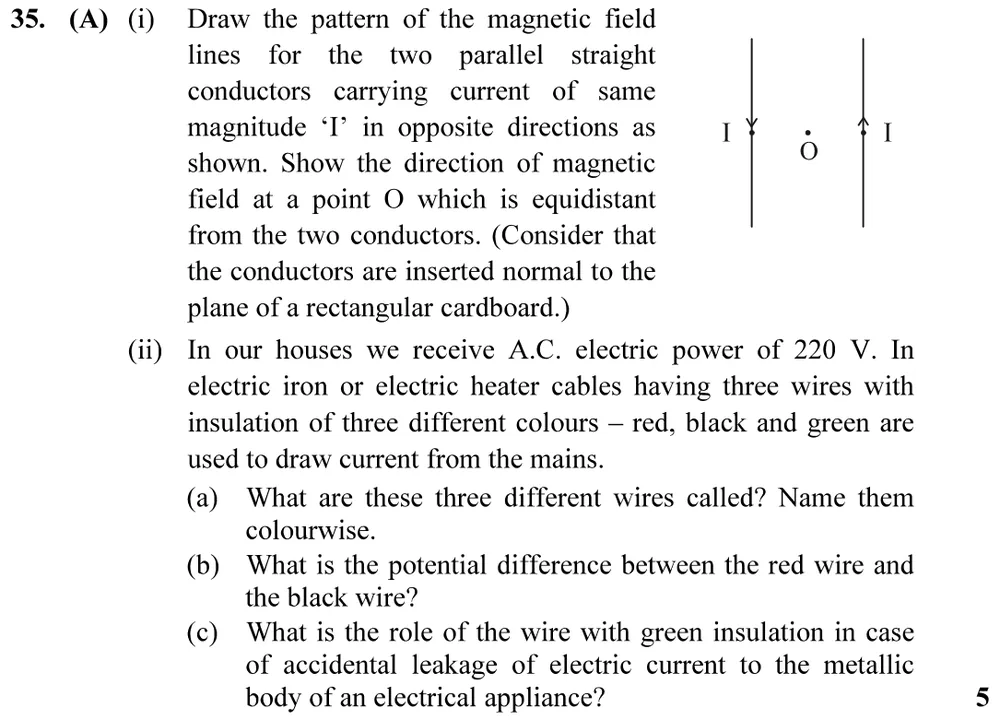 (i) Draw the pattern of the magnetic field lines for the two parallel straight conductors carrying current of same magni Figure: Two parallel vertical straight conductors, the left one carrying current I downwards and the right one carrying current I upwards; point O lies midway between them.