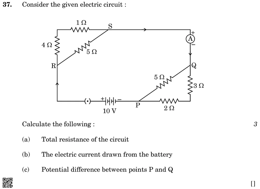 Consider the given electric circuit. Calculate the following:
(a) Total resistance of the circuit
(b) The electric curre Figure: A 10 V battery and key in series with two blocks and an ammeter. Block between R and S: a 4 Ω and a 1 Ω resistor in series (via the top-left corner) in parallel with a direct 5 Ω resistor from R to S. Block between P and Q: a 2 Ω and a 3 Ω resistor in series (via the bottom-right corner) in parallel with a direct 5 Ω resistor from P to Q. Ammeter between S and Q.