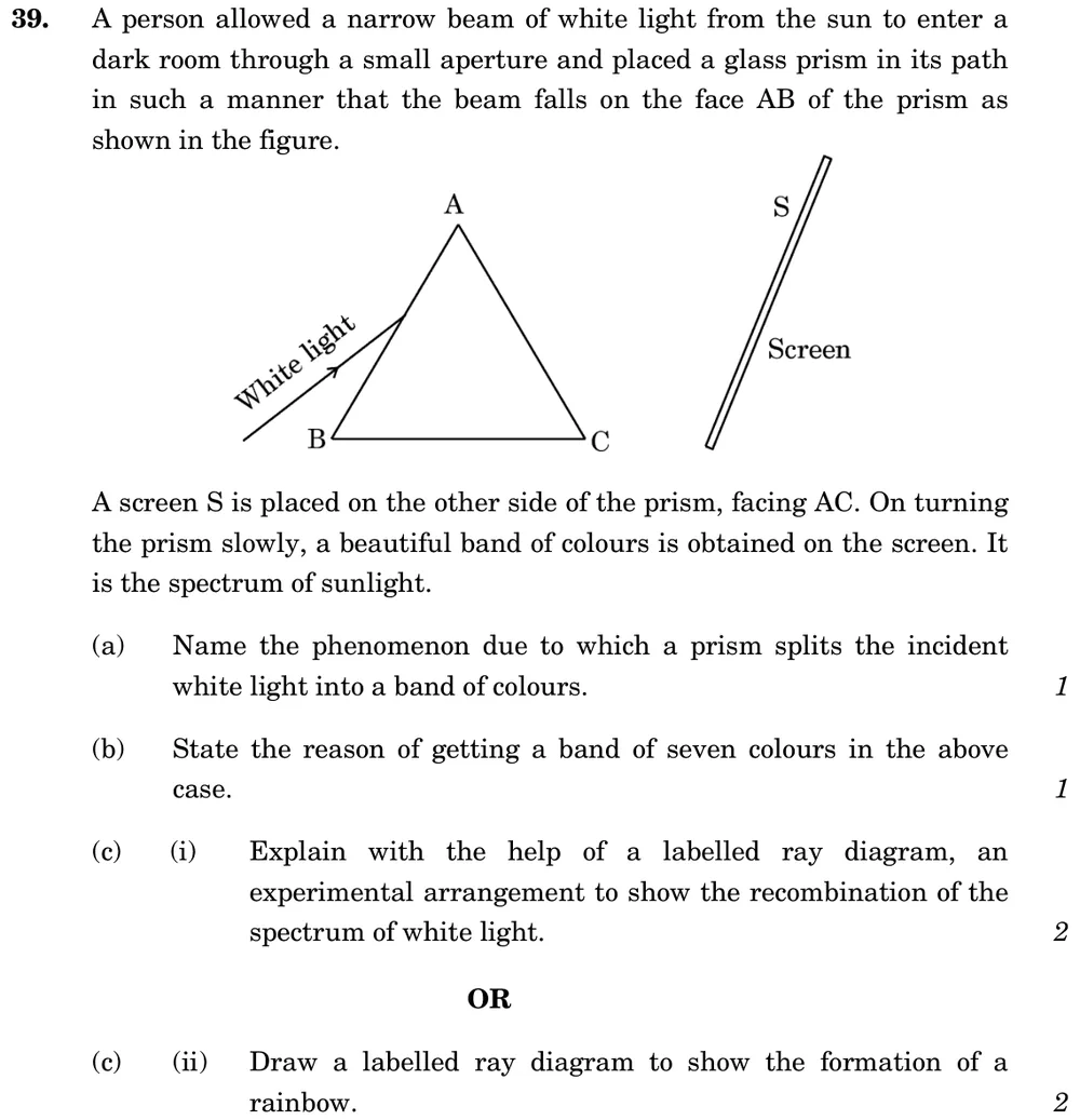 A person allowed a narrow beam of white light from the sun to enter a dark room through a small aperture and placed a gl Figure: A narrow beam of white sunlight enters a dark room through a small hole and falls on face AB of a triangular glass prism ABC; a screen S faces the other face AC and shows a band of colours.
